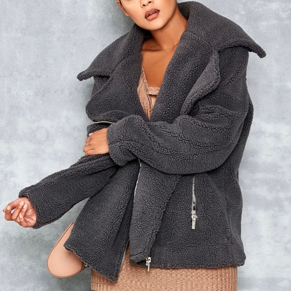 Mistress Rocks Grey Sherpa Oversized Biker Jacket